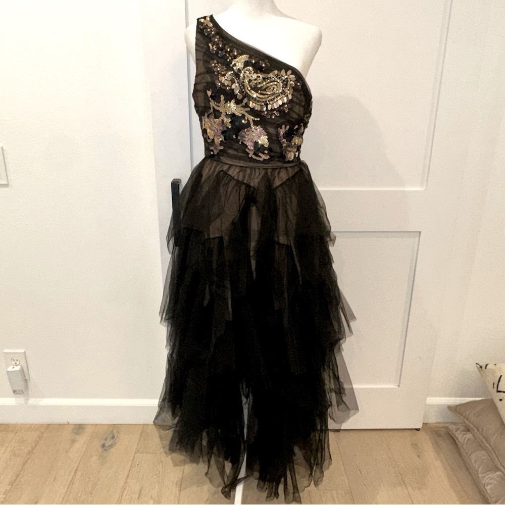 BCBG MaxAzria Embroidered Sequined One Shoulder Tulle Gown